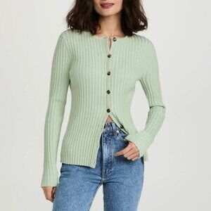 New Tory Burch Metallic Stripe Merino Wool Ribbed Cardigan Mint Green Large $448